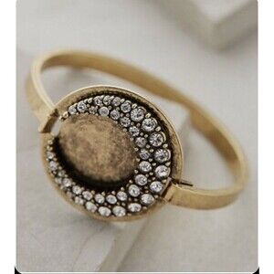 Anthropologie Half Moon Bangle Bracelet Size 6.5 Gold Tone W/Crystal Rare Find